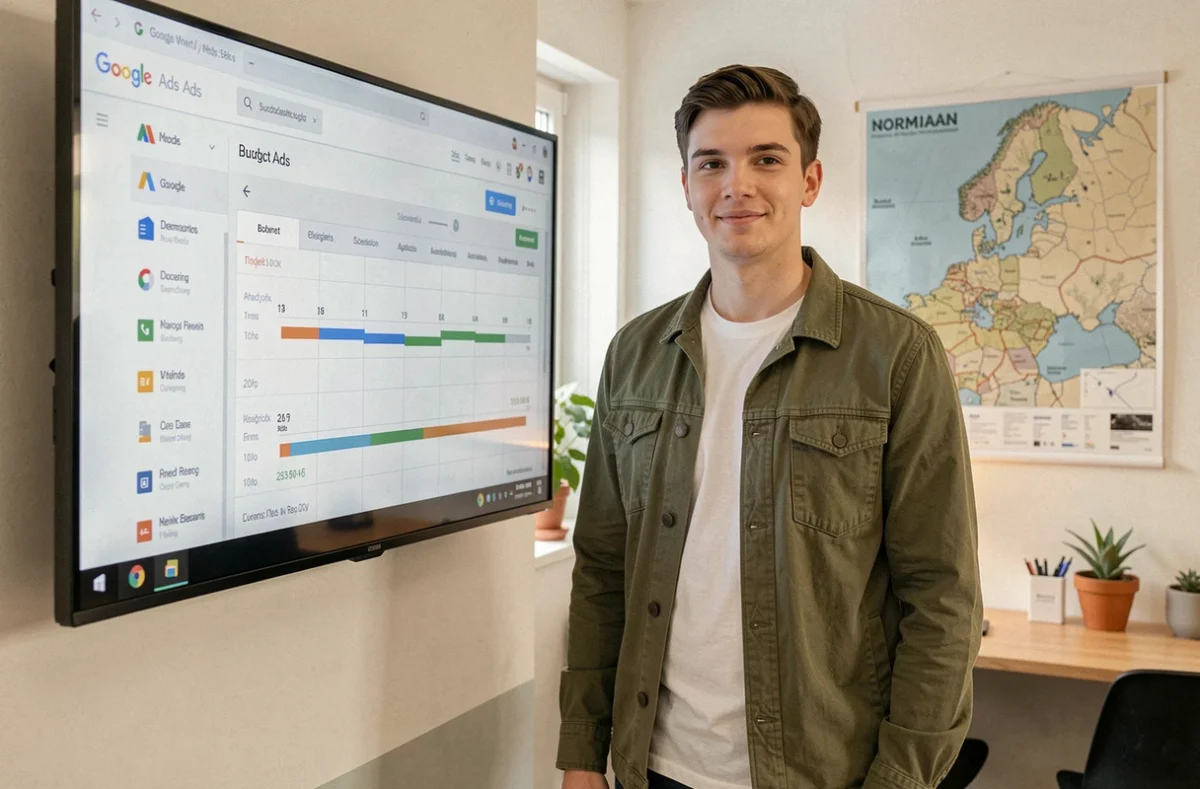 Chef de projet digital de l'agence Yota présentant une stratégie de campagne Google Ads dans un bureau moderne